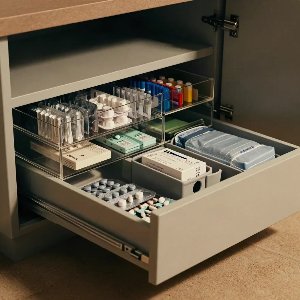Cassetto terapeutico aperto con organizer, scorte dosi e caddy aggiornati in luce fredda.
