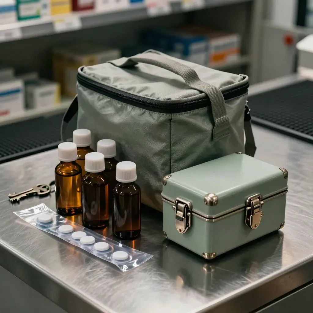 Ricariche ambra, blister, borsa termica salvia e lucchetto farmaceutico su banco in acciaio.