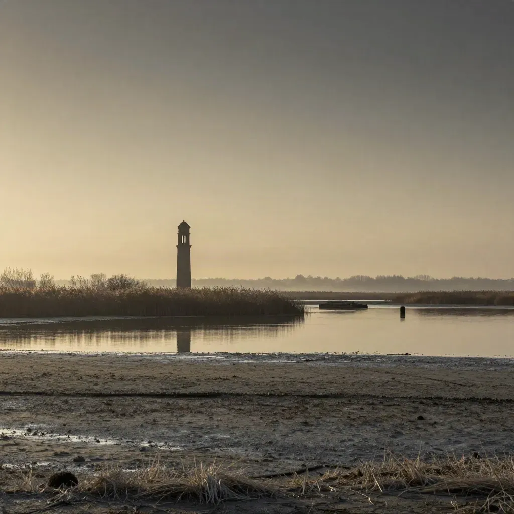 Laguna veneta al tramonto con campanile lontano, acqua calma e nebbia dorata.