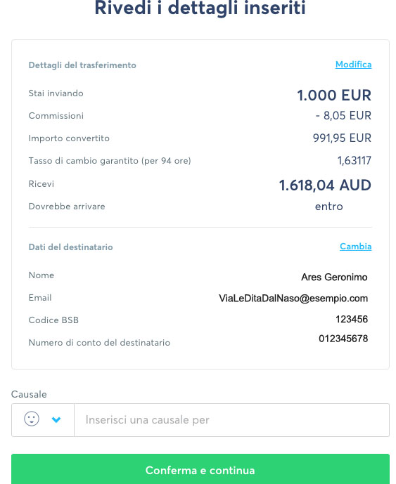 controllo dati destinatario transferwise